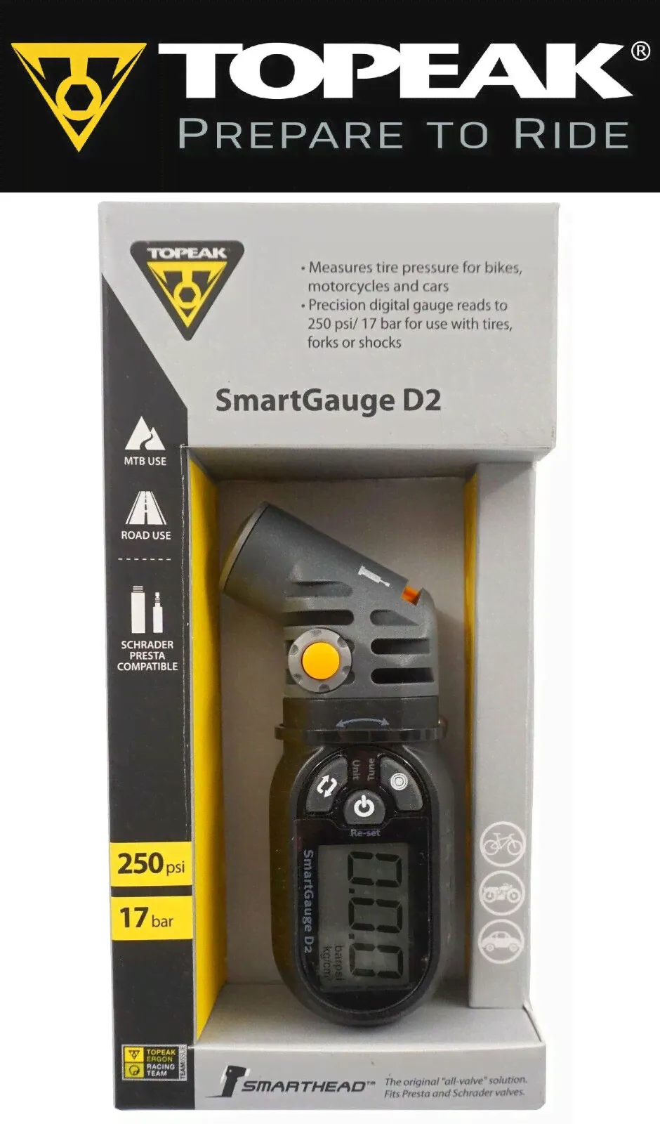 Topeak SmartGauge D2 Digital Tire Air Pressure Gauge Presta/Schrader 250psi-0